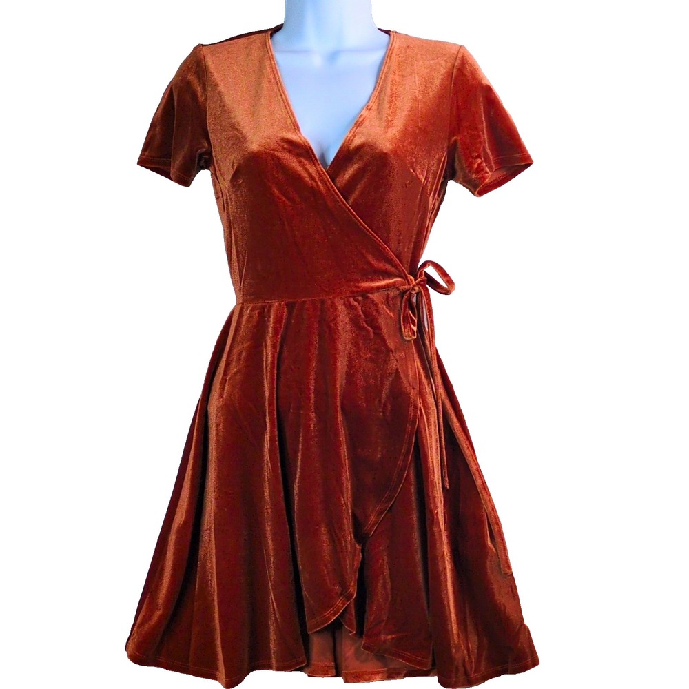 Forever 21 Brown Velvet Wrap Fit & Flare Dress S V-Neck Short Sleeve Stretch
